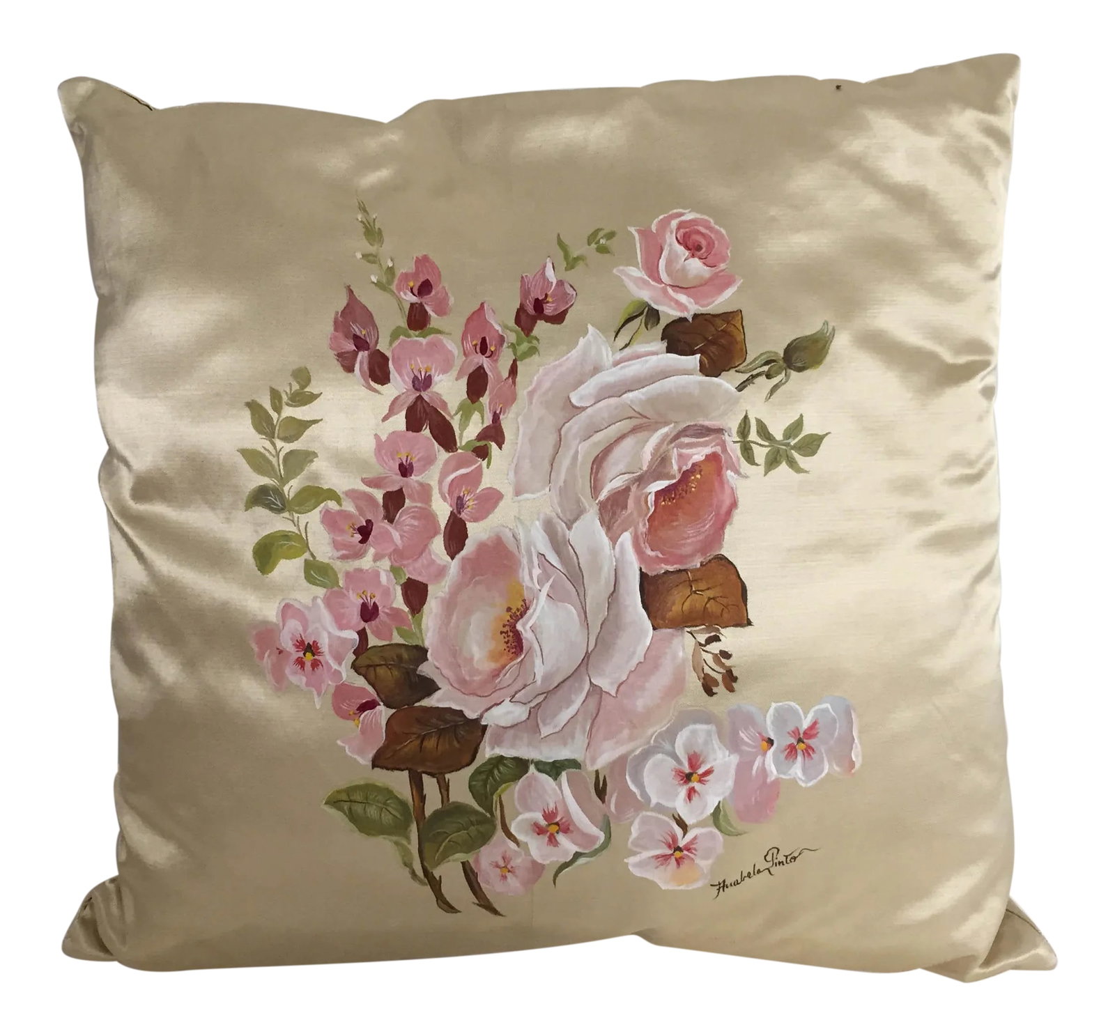 Hand Painted Silk Floral Pillow: Hand painted by an artist floral pillow over silk, artist name eligible. Excellent! 16"X16 Condition: Alterations: Original Condition Unaltered Imperfections: Some Imperfections Condition Notes: