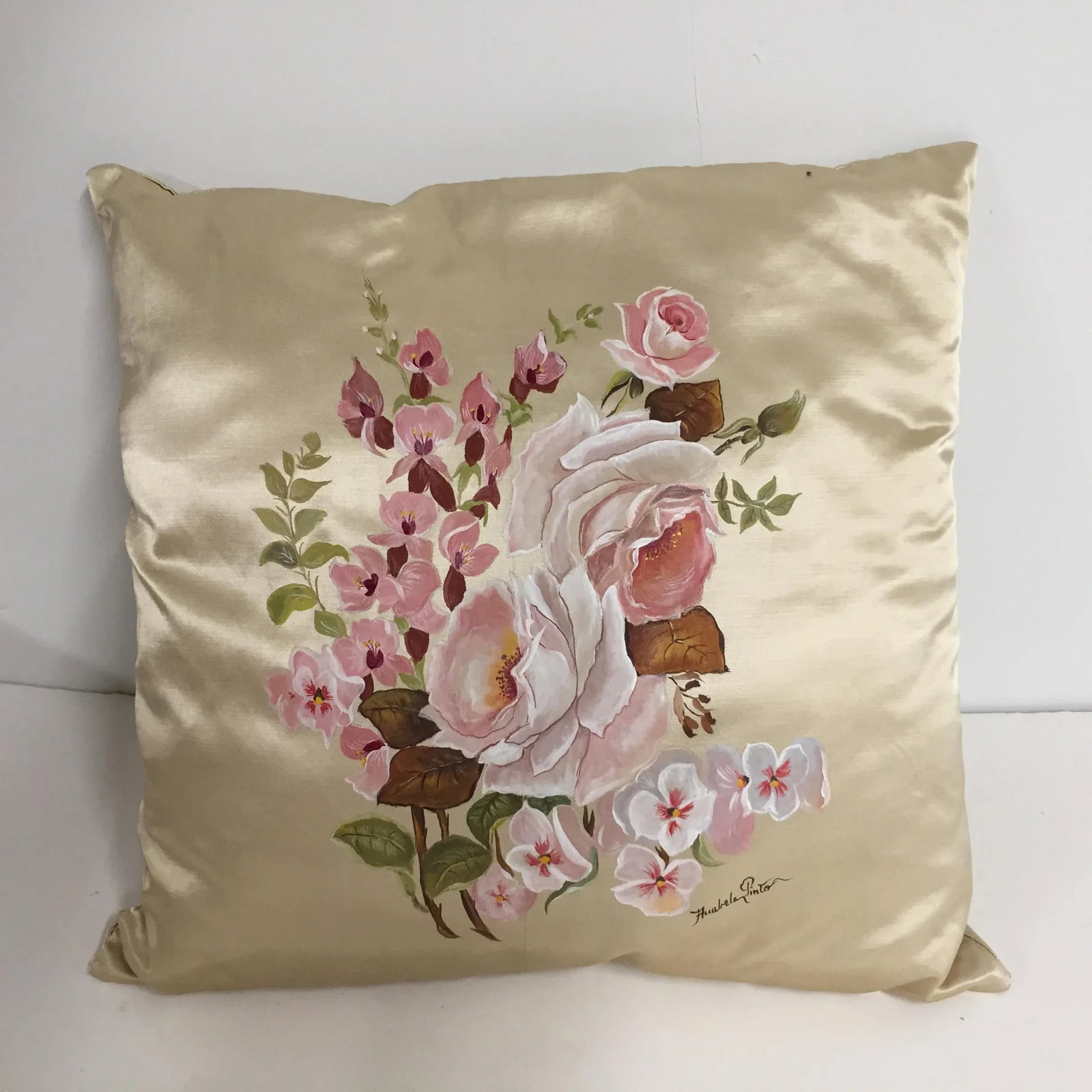 Hand Painted Silk Floral Pillow - 4