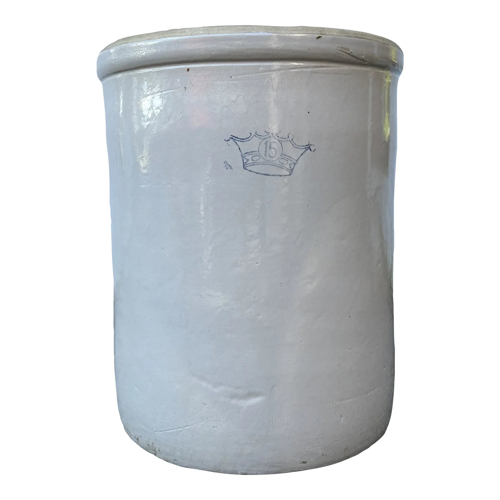 1920s Robinson Ransbottom Antique Stoneware Crock: 15 gallon blue down crock, circa 1920's. This piece is in excellent condition. The cream color in conjunction with the clay creates a warm, earthy aesthetic. This piece has no cracks, or chips (that