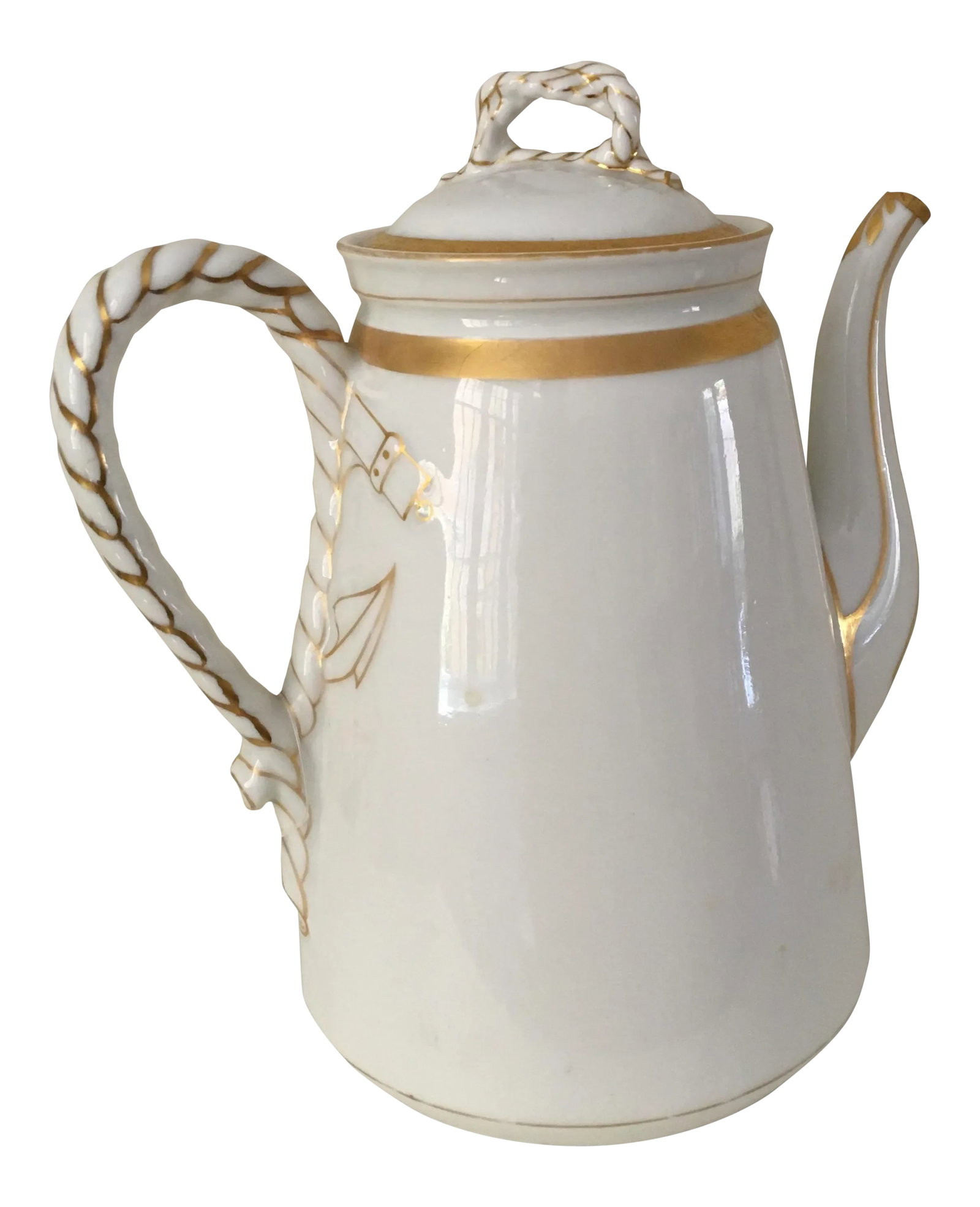 1880s Haviland Limoges Nautical Coffee Pot: Stunning porcelain coffee pot with hand painted gold detailing. Nautical charm with rope detail on top and handle. In excellent condition for its age with just slight gold paint loss around top rim