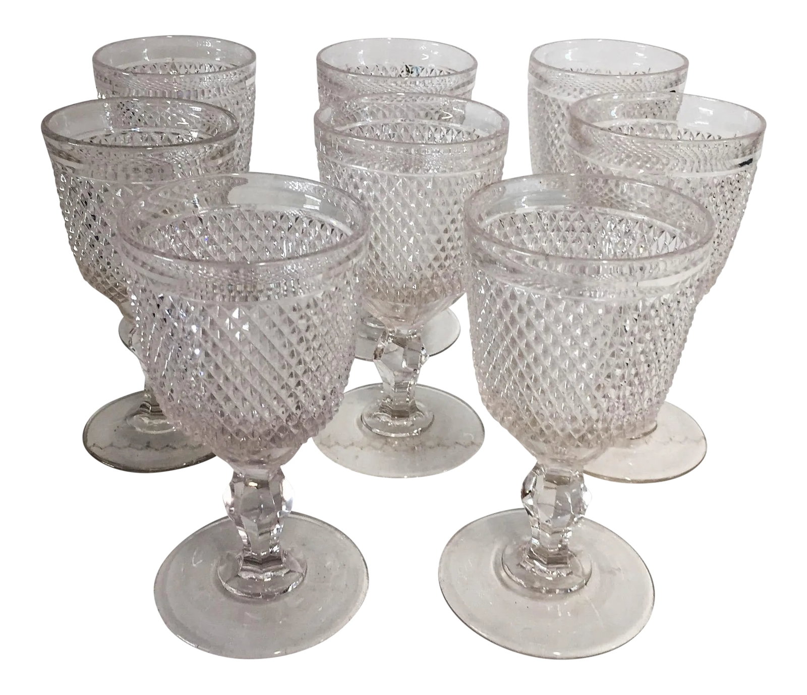 Vintage American Saw-Tooth Pattern Glass Goblets - Set of 8: Vintage American Saw-Tooth Pattern Glass Goblets Water Glasses Set (8) Excellent 6.5 x 3.5Dia Condition: Alterations: Original Condition Unaltered Imperfections: Some Imperfections Condition Notes:
