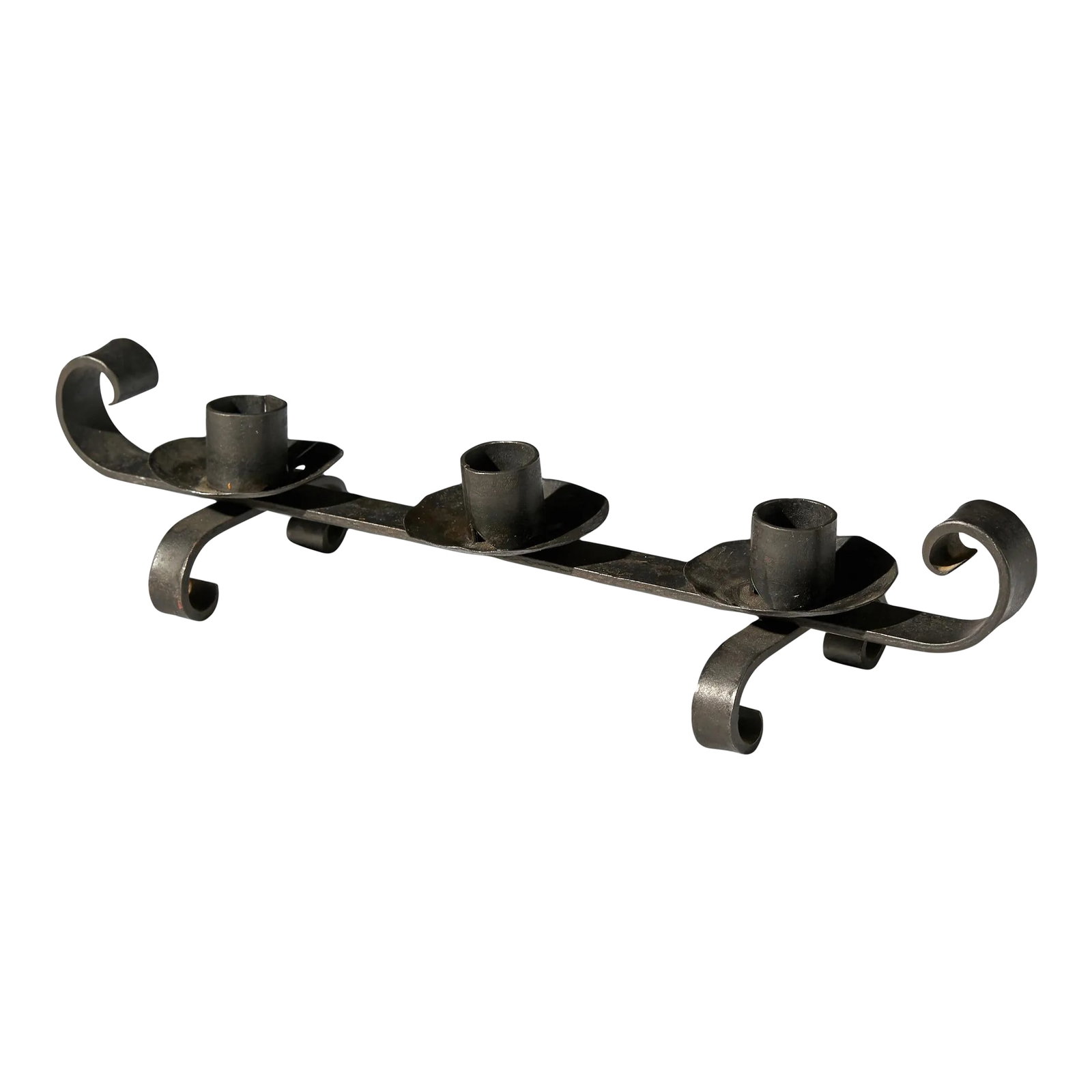 French Wrought Iron Candelabra: Forged candle holder signed "FRANCE" Condition: Alterations: Original Condition Unaltered Imperfections: Some Imperfections Condition Notes: Good vintage condition Wear consistent with age and use Mat