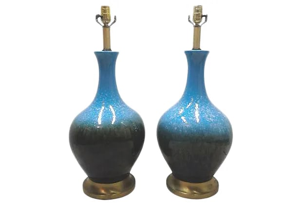 Mid-Century Modern Lamps Blue Ceramic Table Lamps-A Pair (1 of 4)