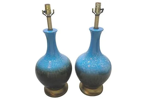 Mid-Century Modern Lamps Blue Ceramic Table Lamps-A Pair - 2