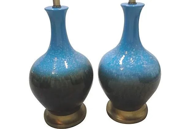 Mid-Century Modern Lamps Blue Ceramic Table Lamps-A Pair - 3