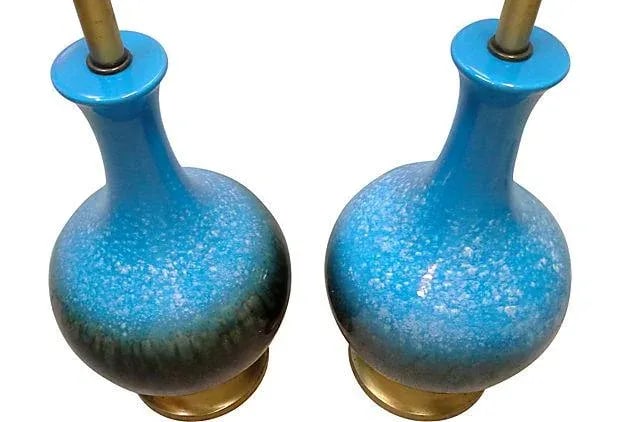 Mid-Century Modern Lamps Blue Ceramic Table Lamps-A Pair - 4