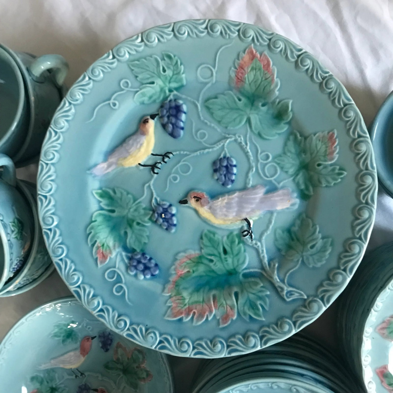 Antique West German Highmount Majolica Blue Bird and Grape China Set - 2