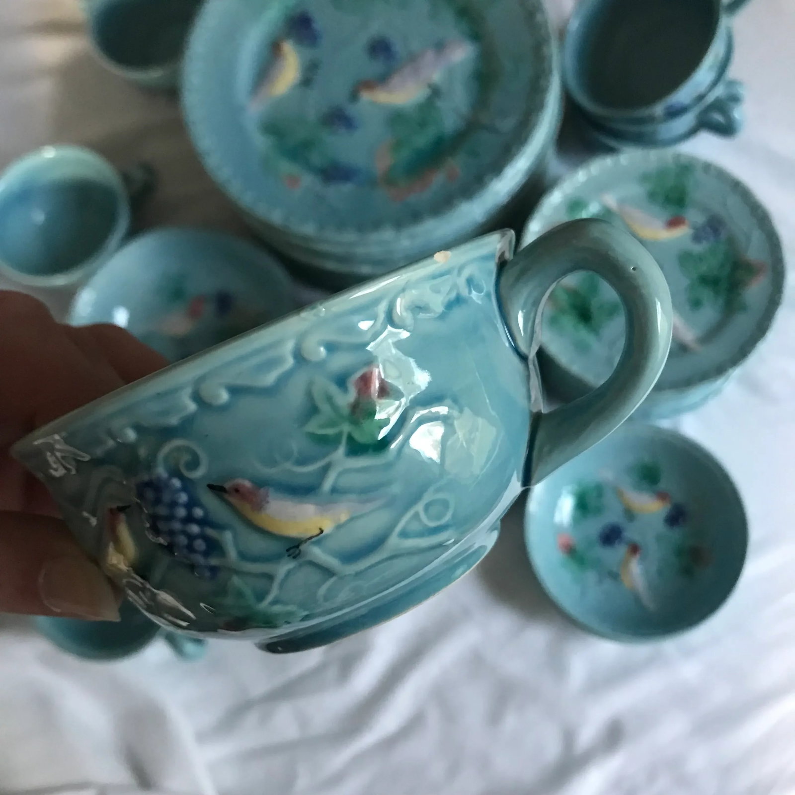 Antique West German Highmount Majolica Blue Bird and Grape China Set - 4