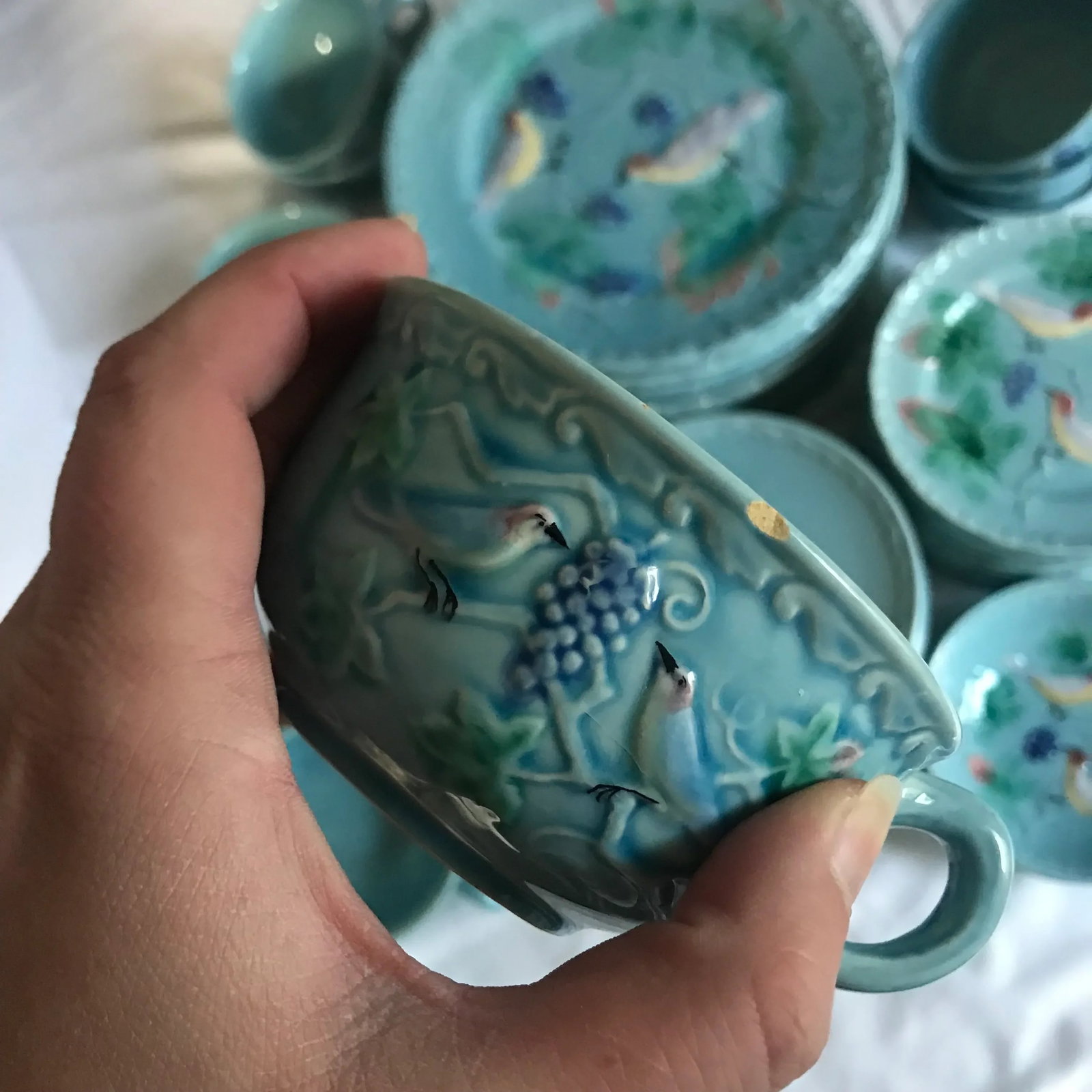 Antique West German Highmount Majolica Blue Bird and Grape China Set - 5