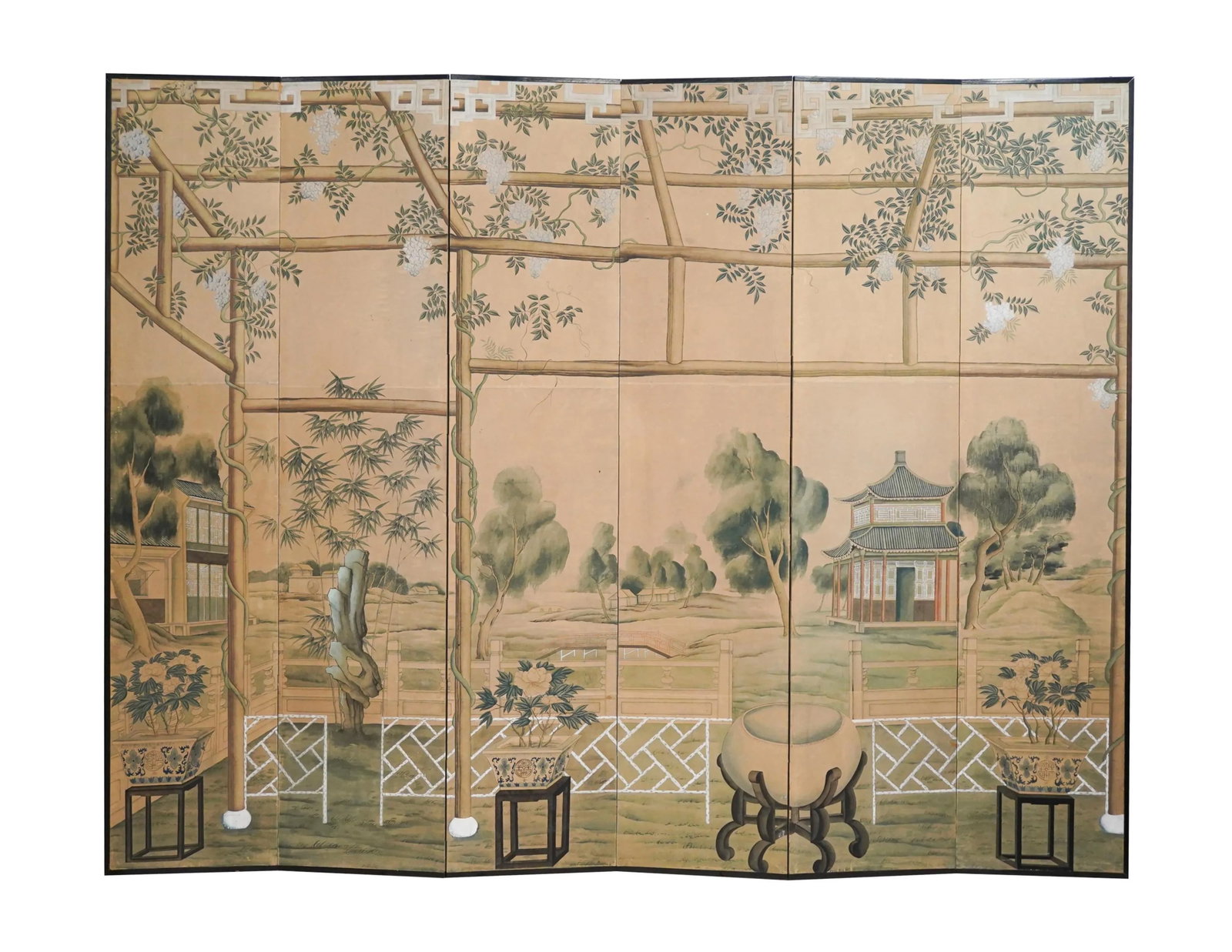 Mid 20th Century Chinoiserie Hand-Painted Six Panel Screen With Flowers and Landscape - 13