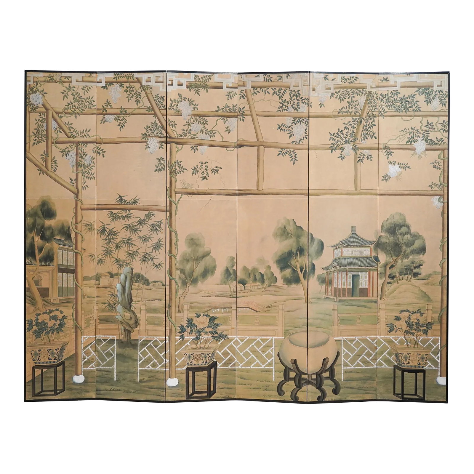 Mid 20th Century Chinoiserie Hand-Painted Six Panel Screen With Flowers and Landscape (1 of 13)