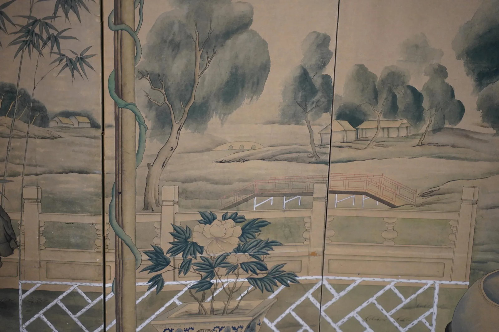Mid 20th Century Chinoiserie Hand-Painted Six Panel Screen With Flowers and Landscape - 2