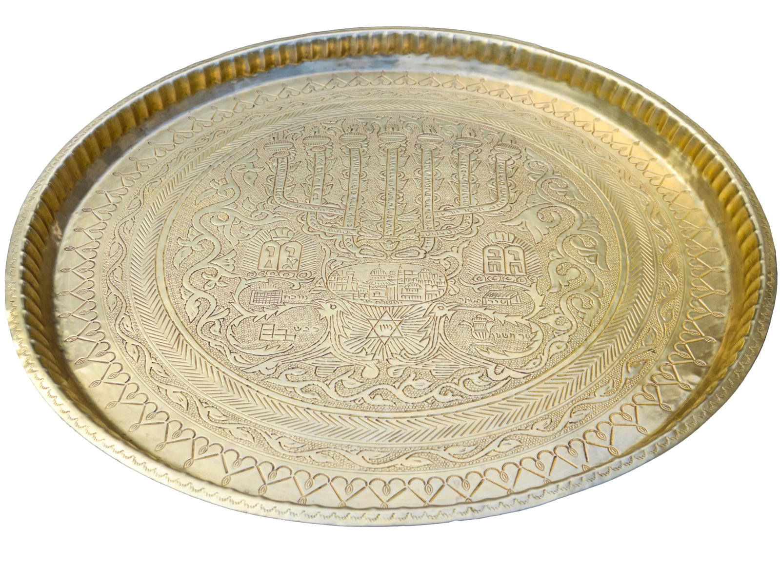 Antique Hand-Engraved Moorish Judaica Brass Tray - 3