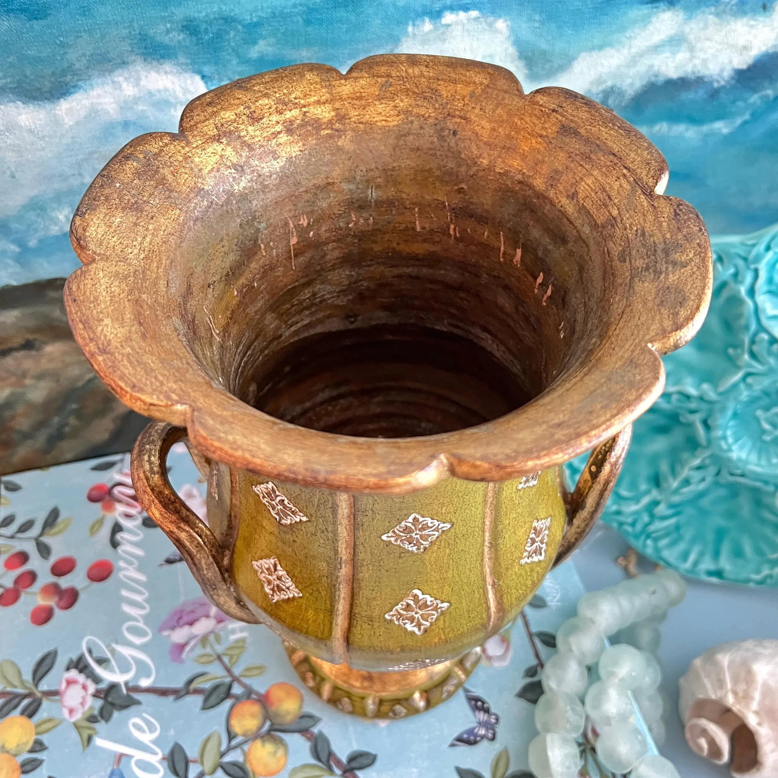 Mid 20th Century Florentine Green and Gold Ceramic Vase Urn - 10