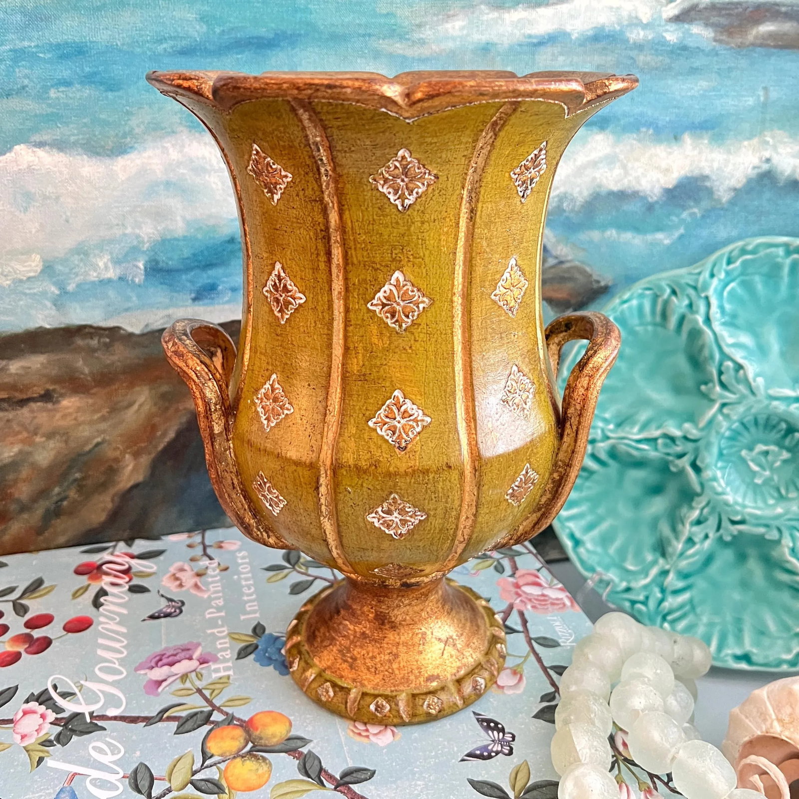 Mid 20th Century Florentine Green and Gold Ceramic Vase Urn - 11