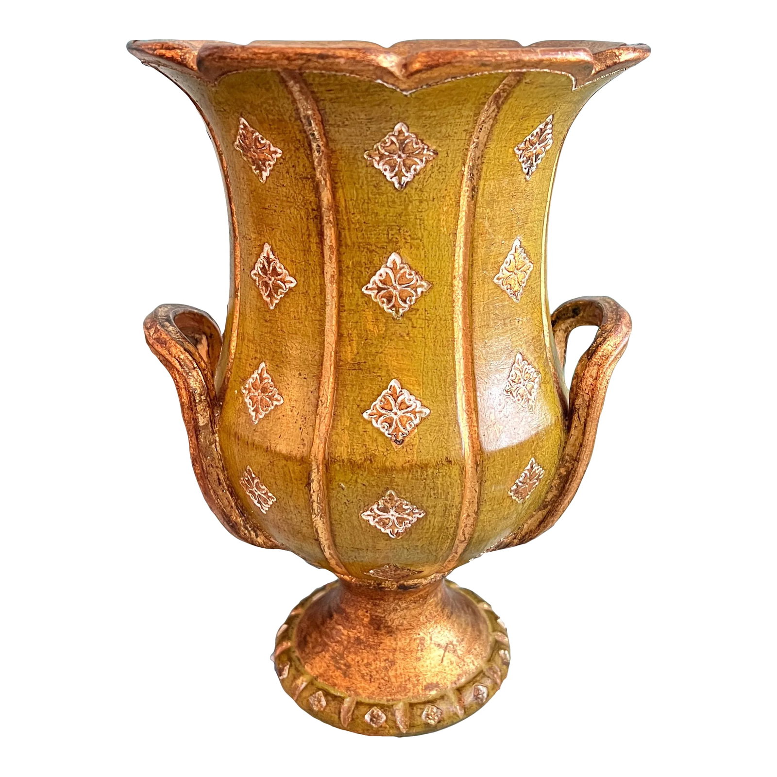 Mid 20th Century Florentine Green and Gold Ceramic Vase Urn: A rare piece of Italian Florentine decor-earthenware vase with traditional green and gold gilt design. Condition: Alterations: Original Condition Unaltered Imperfections: Some Imperfections Condition