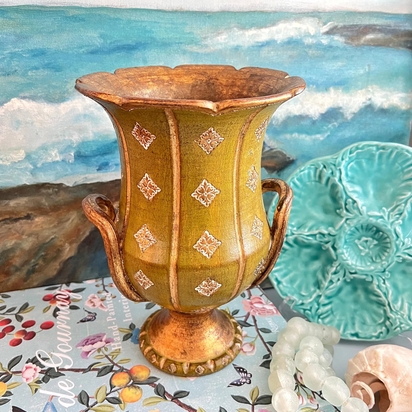 Mid 20th Century Florentine Green and Gold Ceramic Vase Urn - 2