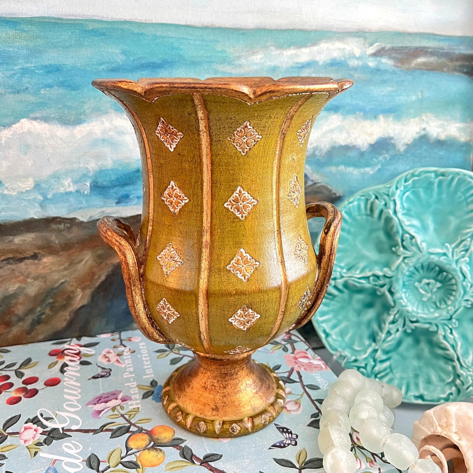 Mid 20th Century Florentine Green and Gold Ceramic Vase Urn - 3
