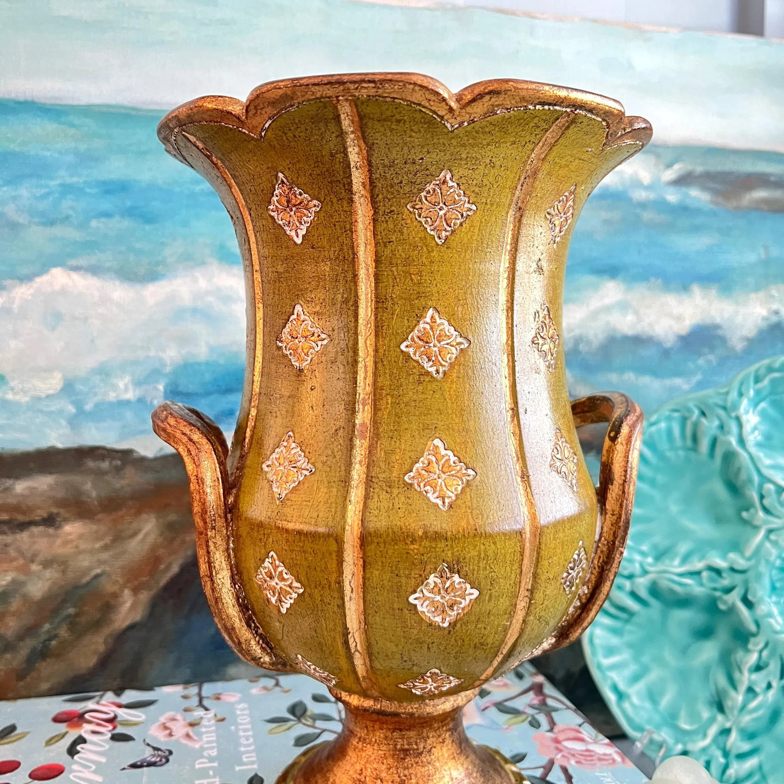Mid 20th Century Florentine Green and Gold Ceramic Vase Urn - 4