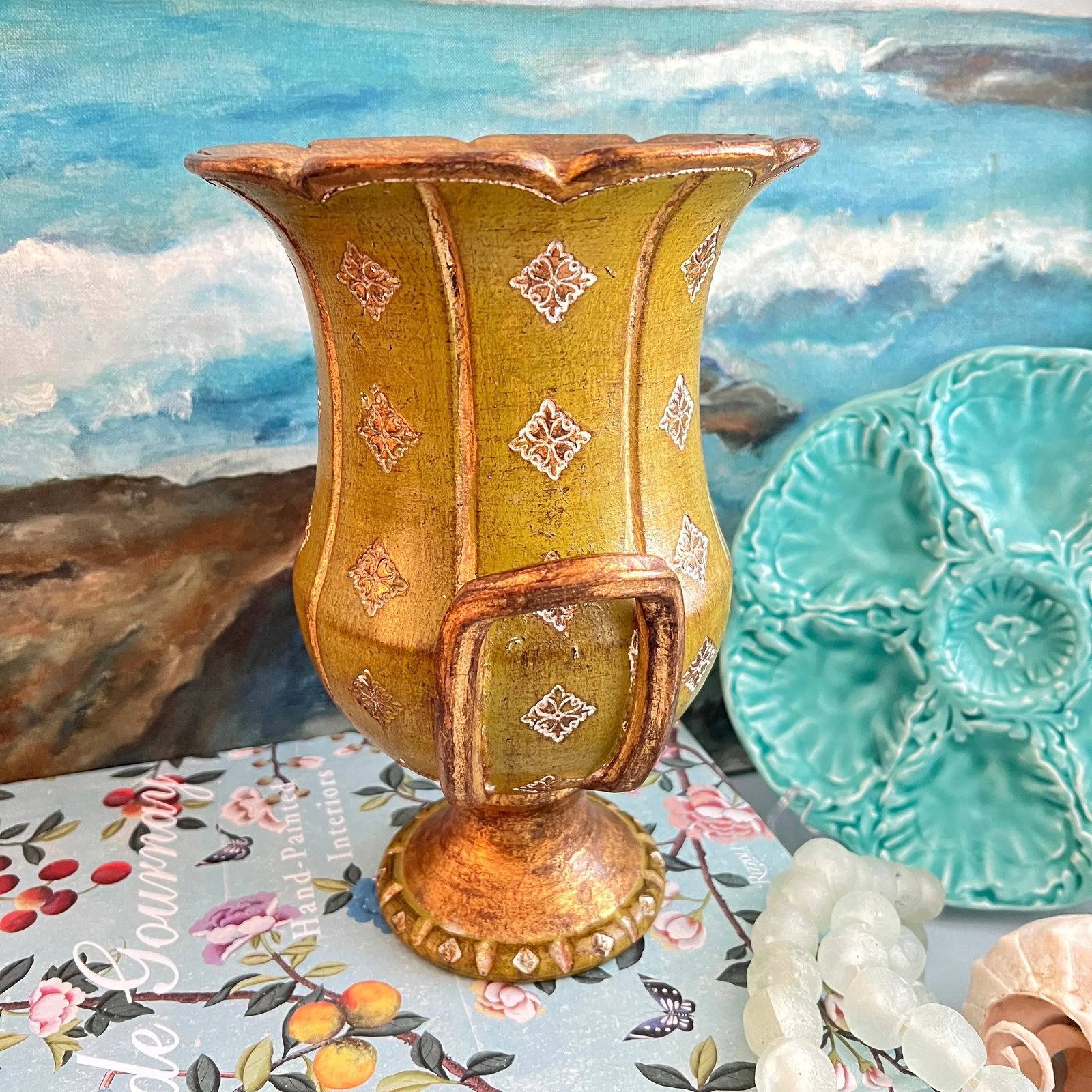 Mid 20th Century Florentine Green and Gold Ceramic Vase Urn - 5
