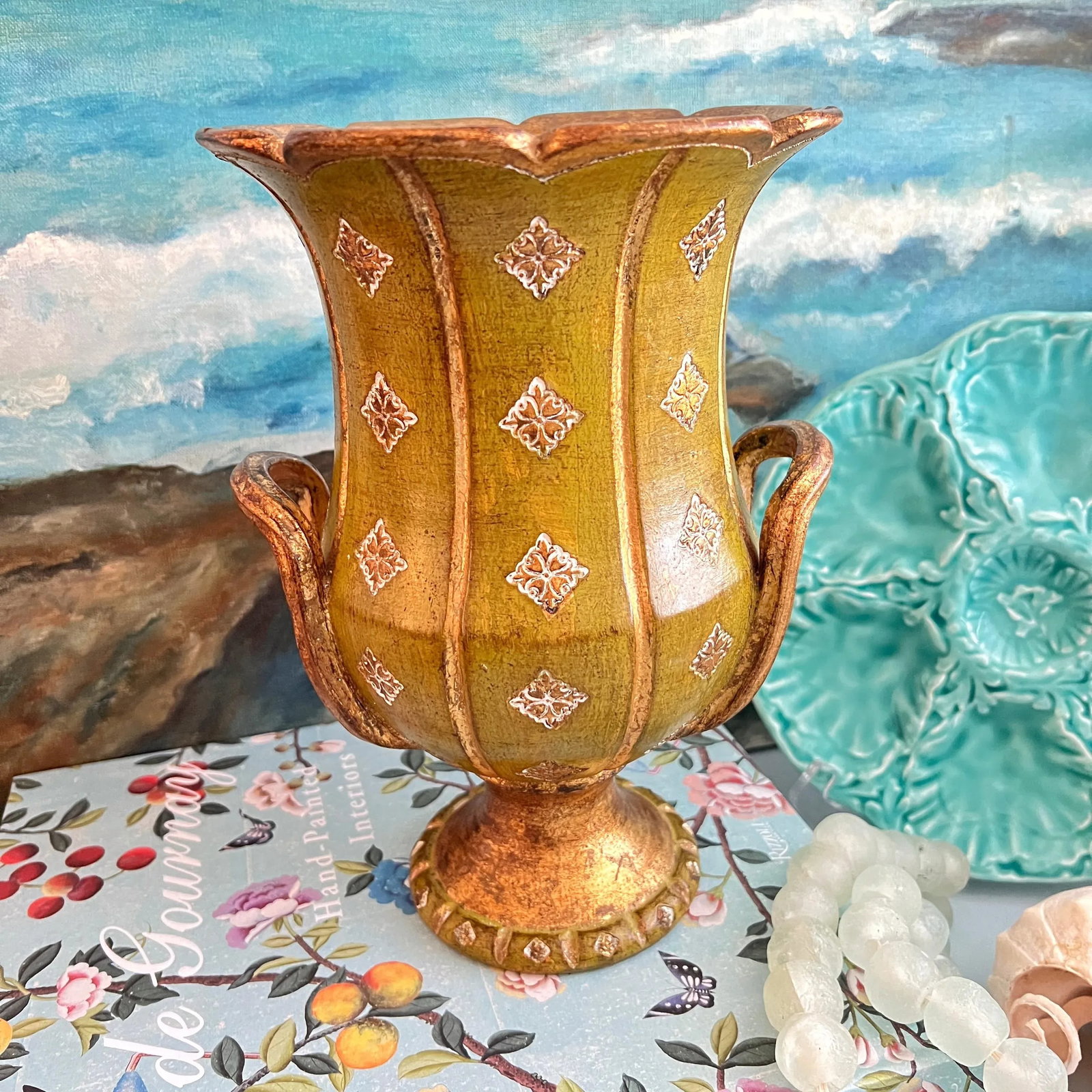 Mid 20th Century Florentine Green and Gold Ceramic Vase Urn - 6