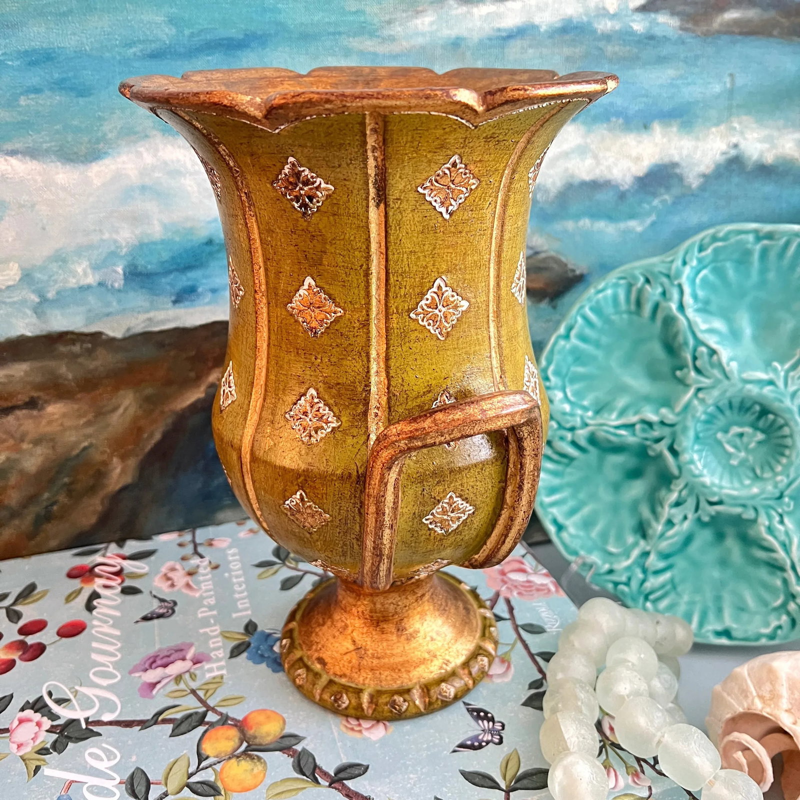 Mid 20th Century Florentine Green and Gold Ceramic Vase Urn - 7