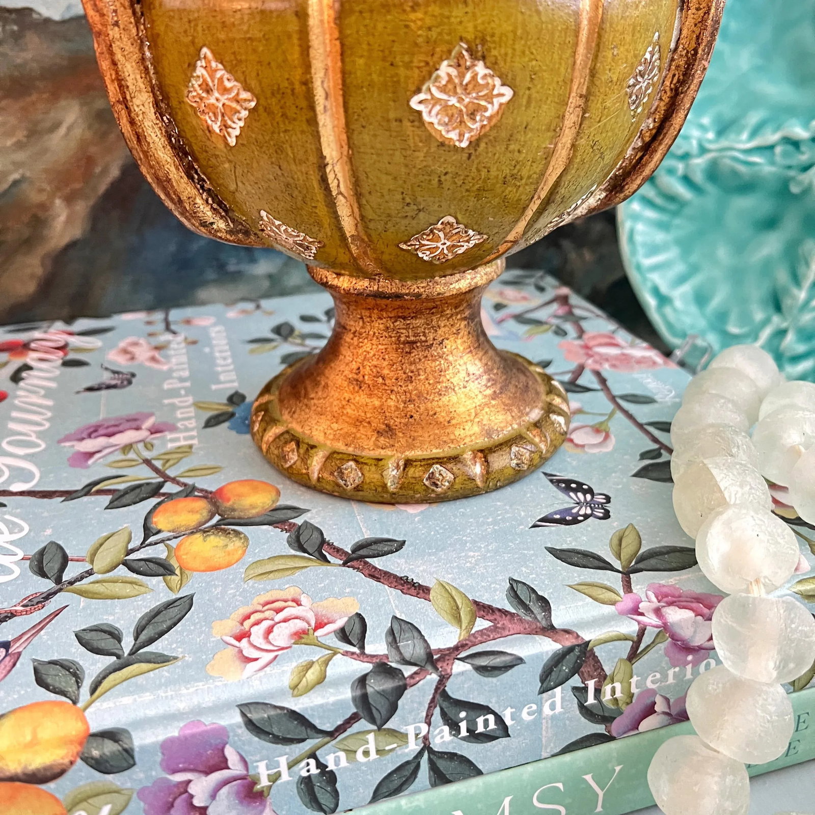 Mid 20th Century Florentine Green and Gold Ceramic Vase Urn - 8