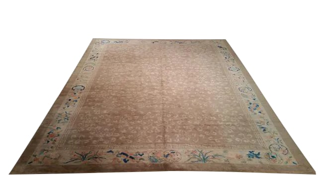 9' * 11'8'' Antique Chinese Traditional Handmade Rug - Size Cat. 9x12: Infuse a touch of beauty to high-traffic areas of your home with this durable Traditional Antique rug in colors of brown, beige, blue orange. The rug is made of 100-percent wool handmade, making it