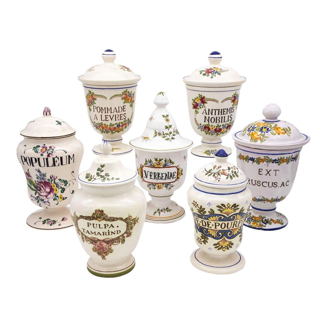 Set of Seven Early 20th Century French Provence Apothecary Jars: A collection of seven apothecary jars in a Provence style. Each painted apothecary or pharmacy jar has a name and unique design painted on it. The collection is early 20th century and each has its lid