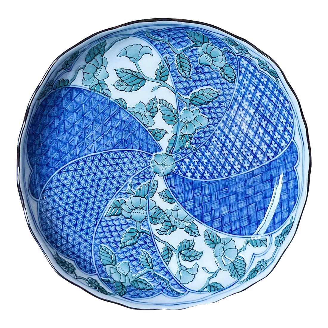 Antique Japanese Porcelain Plate in Blue and Green With Pinched Corners and Cheery Blossoms in Relie: Antique Japanese Porcelain Plate in Blue and Green with Pinched Corners and Cheery Blossoms in Relief, Signed Measures approx: 9D x 1.5H Please visit my other listings for more curated treasures. Cond
