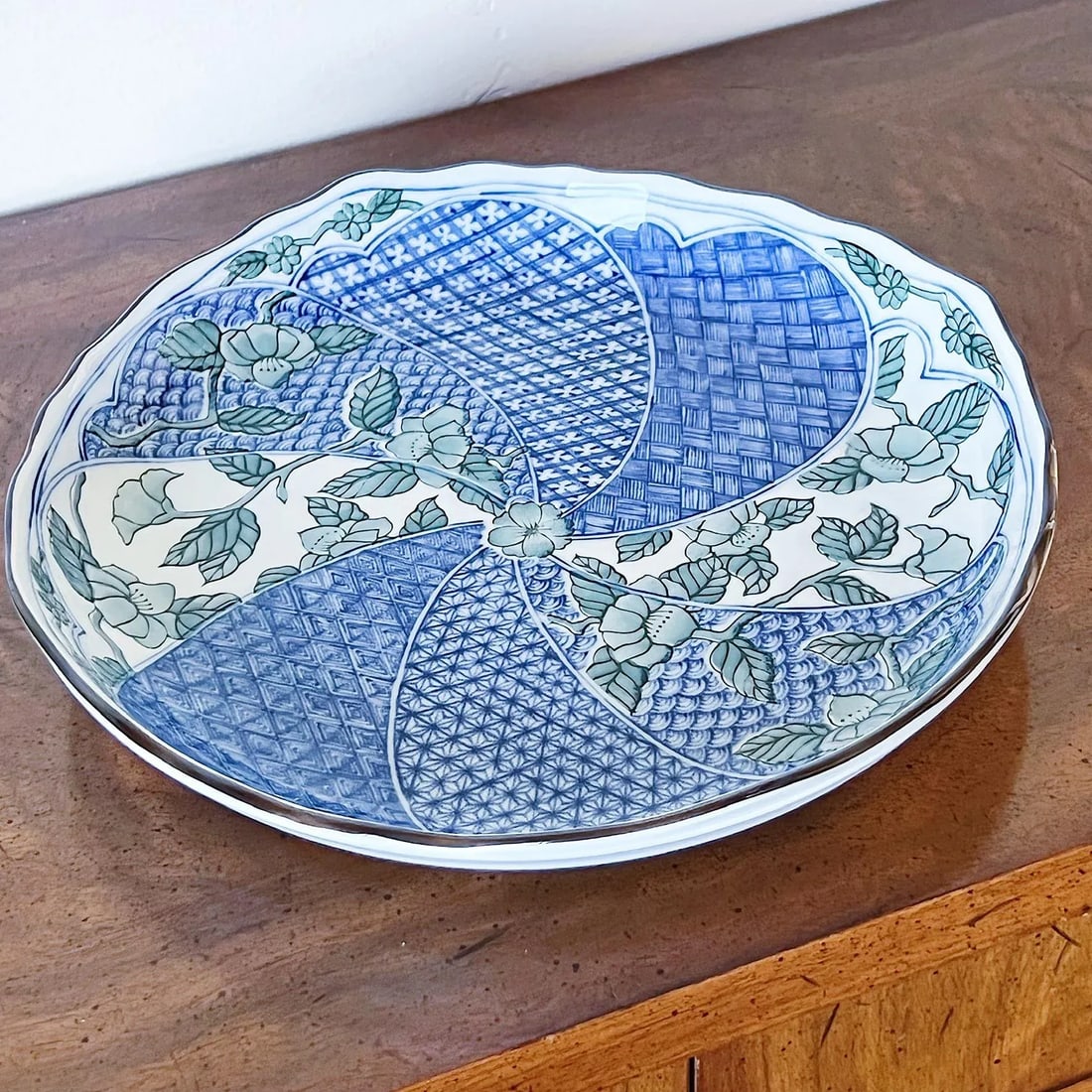 Antique Japanese Porcelain Plate in Blue and Green With Pinched Corners and Cheery Blossoms in Relie - 2