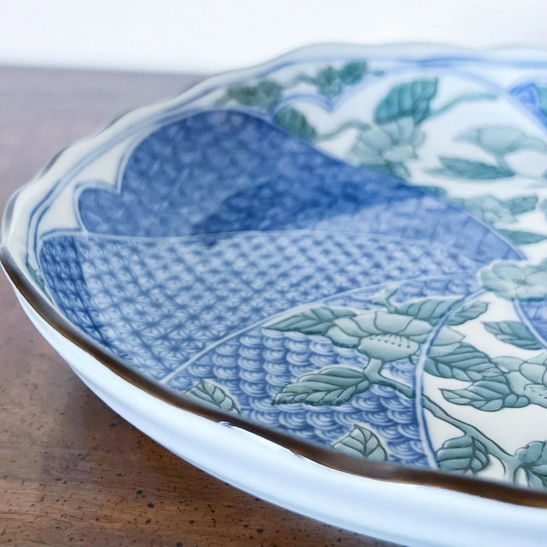 Antique Japanese Porcelain Plate in Blue and Green With Pinched Corners and Cheery Blossoms in Relie - 3