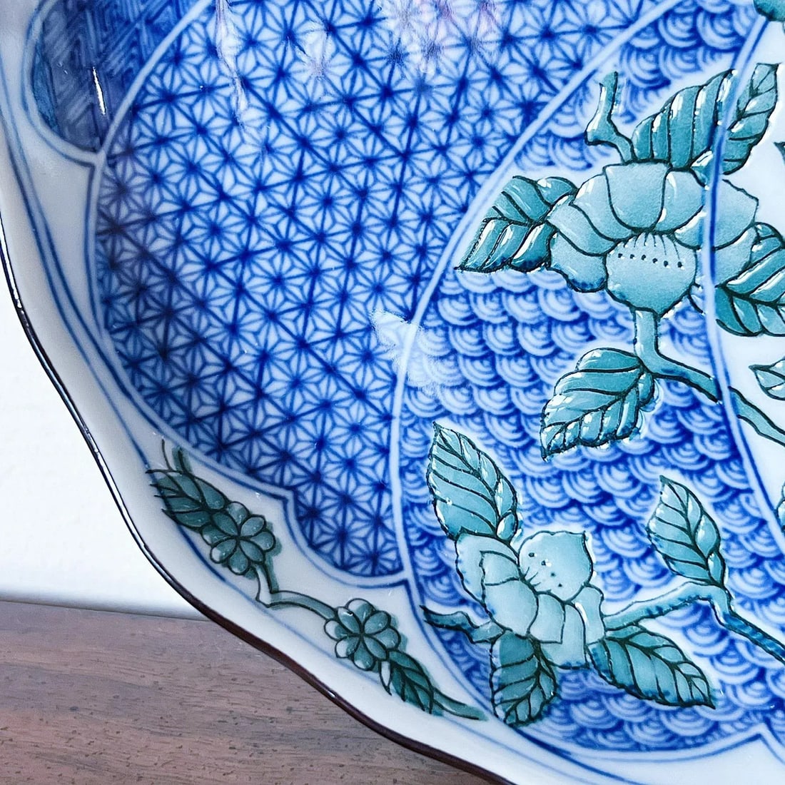 Antique Japanese Porcelain Plate in Blue and Green With Pinched Corners and Cheery Blossoms in Relie - 4