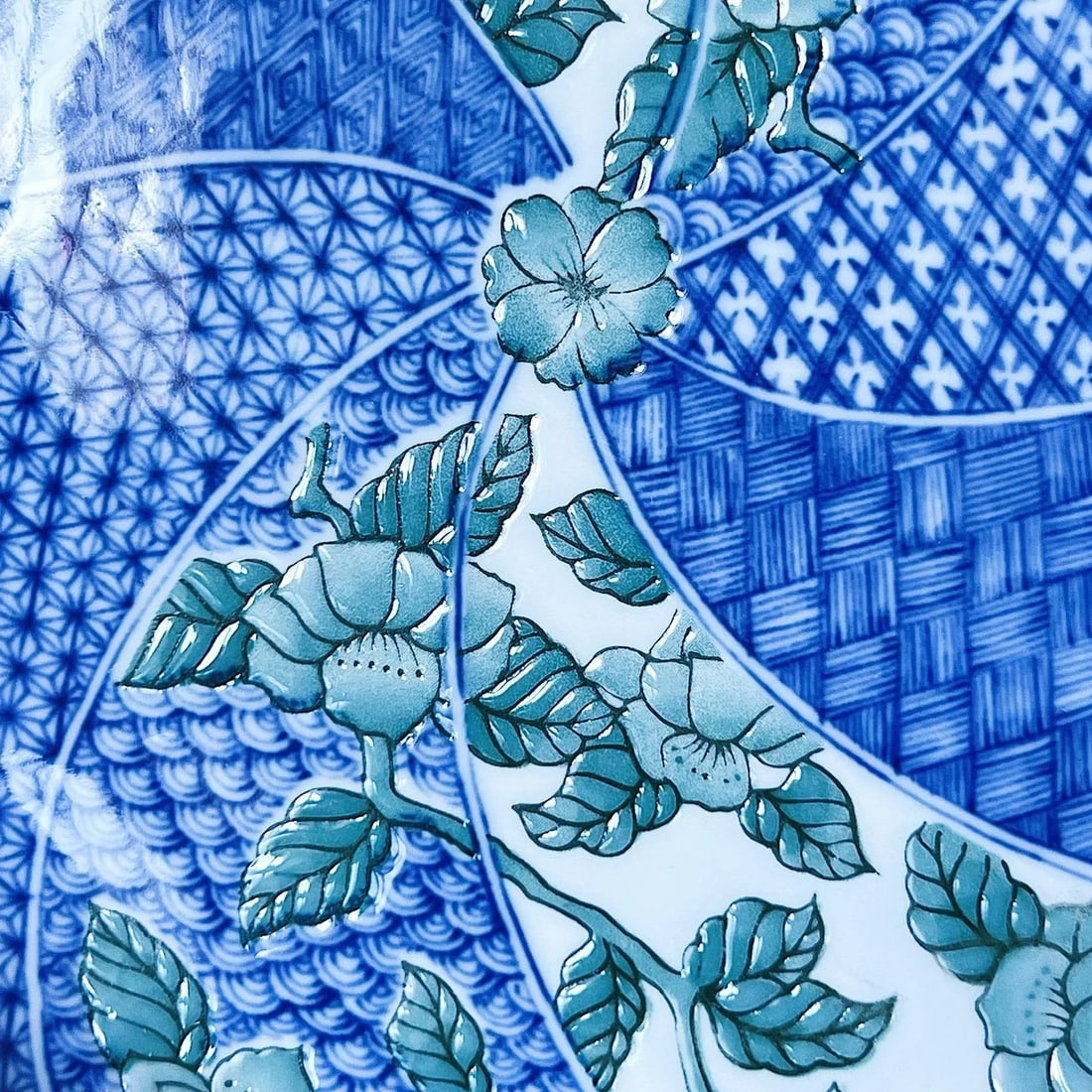 Antique Japanese Porcelain Plate in Blue and Green With Pinched Corners and Cheery Blossoms in Relie - 5