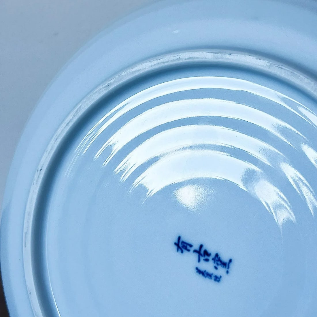 Antique Japanese Porcelain Plate in Blue and Green With Pinched Corners and Cheery Blossoms in Relie - 7