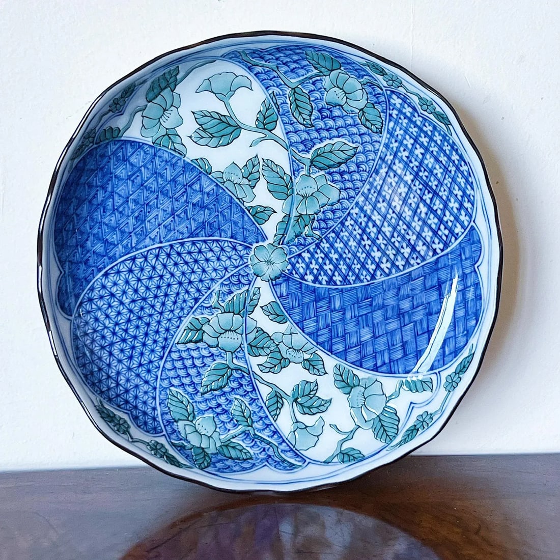 Antique Japanese Porcelain Plate in Blue and Green With Pinched Corners and Cheery Blossoms in Relie - 9