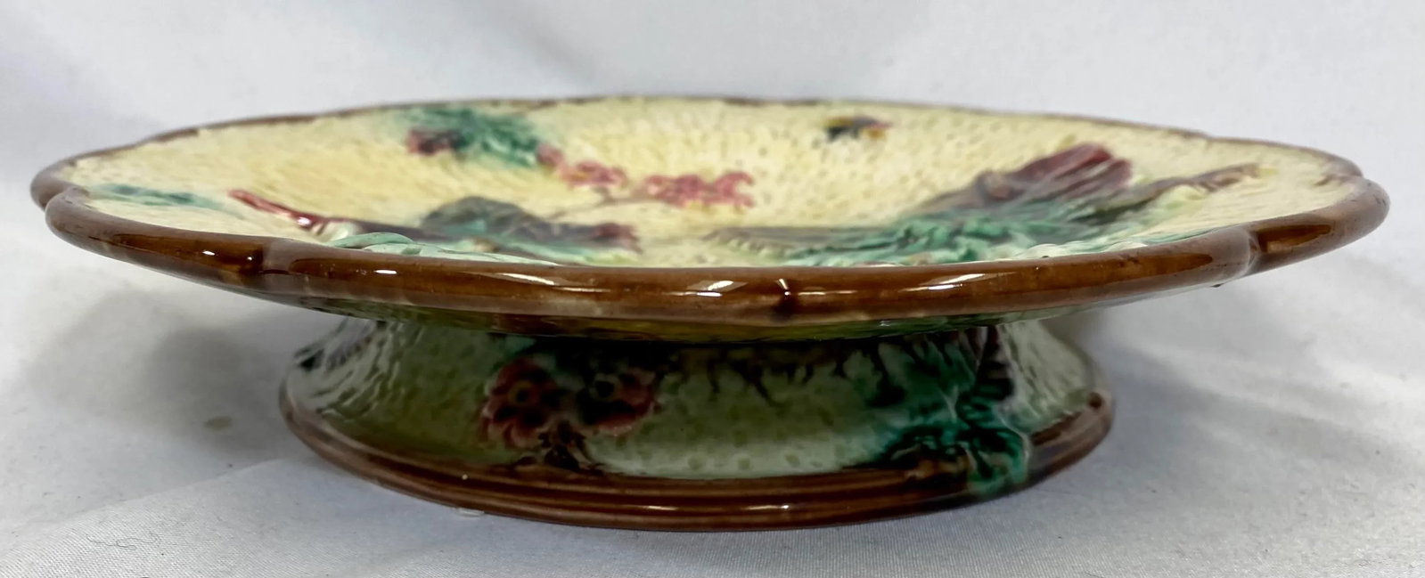 Antique Majolica Cake Stand /Comport Adorned With Leaf & Floral Motif From England - Circa 19th Cent - 10