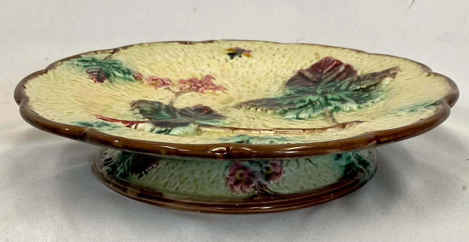 Antique Majolica Cake Stand /Comport Adorned With Leaf & Floral Motif From England - Circa 19th Cent - 11