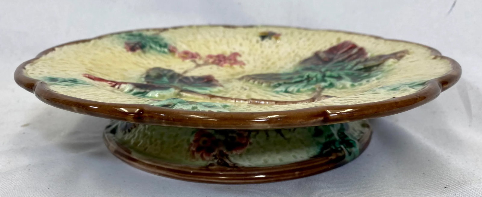 Antique Majolica Cake Stand /Comport Adorned With Leaf & Floral Motif From England - Circa 19th Cent - 2