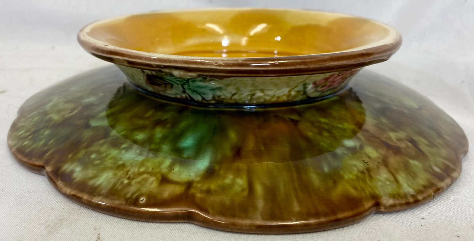 Antique Majolica Cake Stand /Comport Adorned With Leaf & Floral Motif From England - Circa 19th Cent - 6