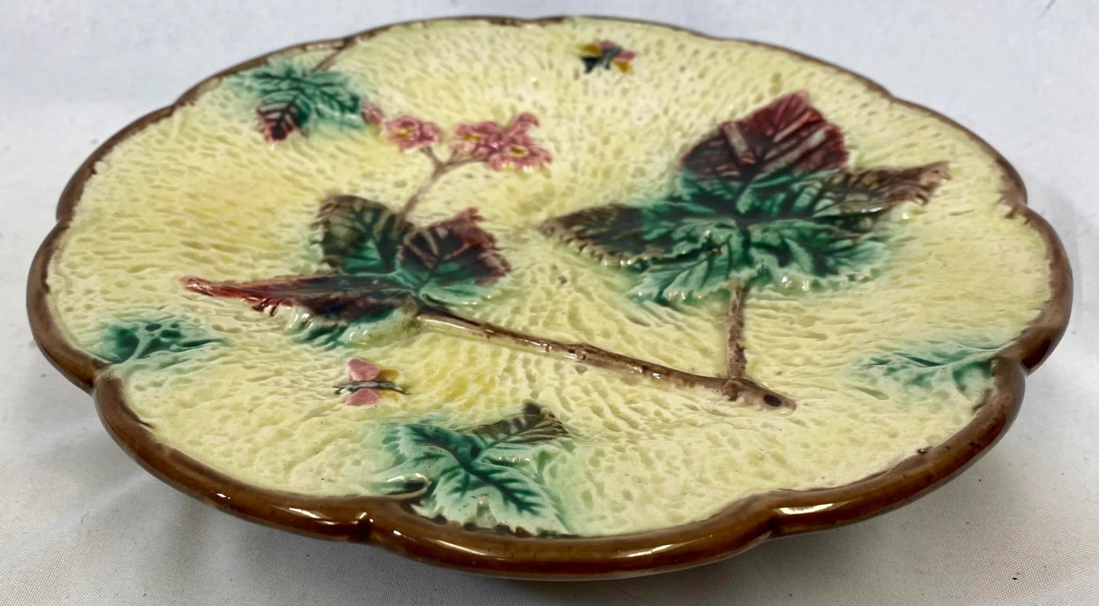 Antique Majolica Cake Stand /Comport Adorned With Leaf & Floral Motif From England - Circa 19th Cent - 9