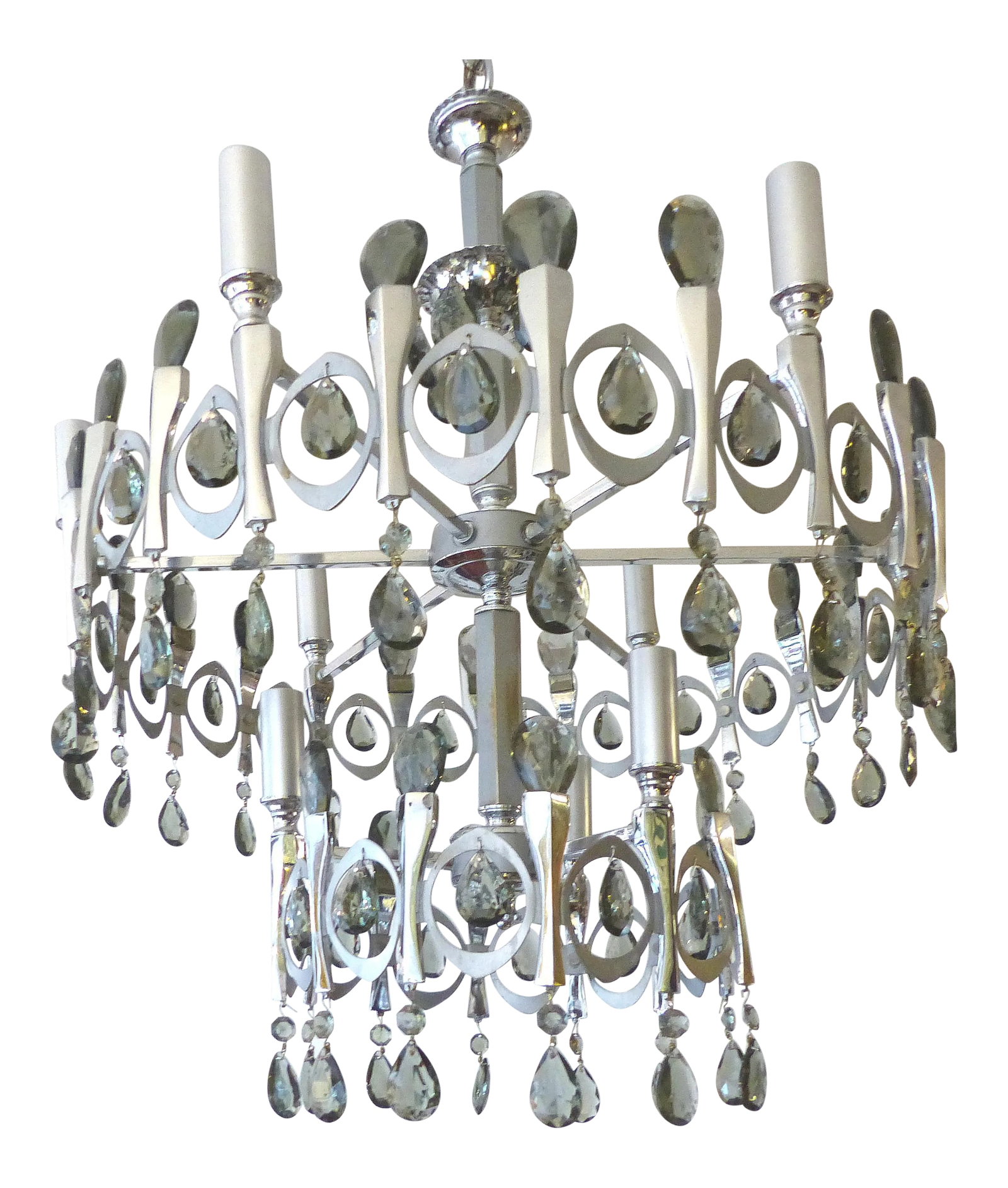 Gaetano Sciolari Silver Metal Chandelier With Faceted Smoke Glass Prisms (1 of 6)
