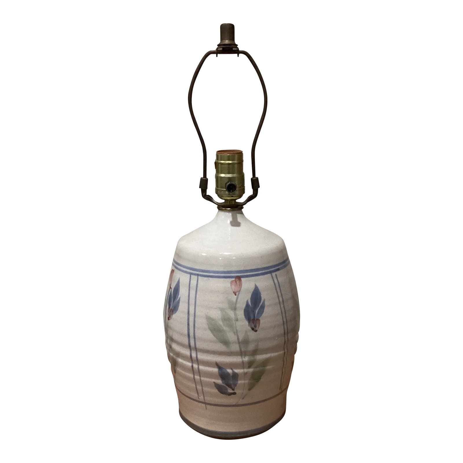 Mid 20th CenturyStoneware Table Lamp by California Ceramic Company: Vintage drip glaze ceramic lamp made California ceramic designs ink .Executed in beige , green and blue colors stoneware with floral motifs. Condition: Alterations: Original Condition Unaltered Imperf