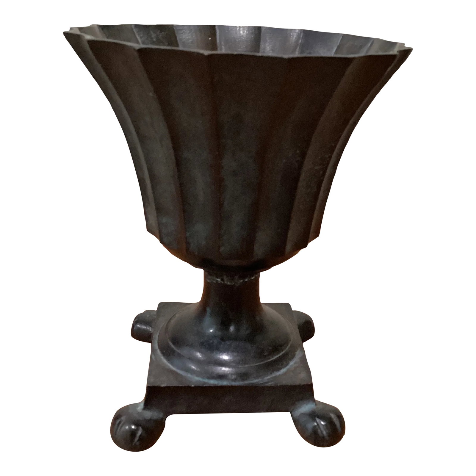 Mid 20th Century Vintage Bronze Brass Footed Urn Planter: A substantial French design navy blue verdigris bronze urn form plant or flowers planter, or pot holder cachepot jardiniere Condition: Alterations: Original Condition Unaltered Imperfections: Some Imp