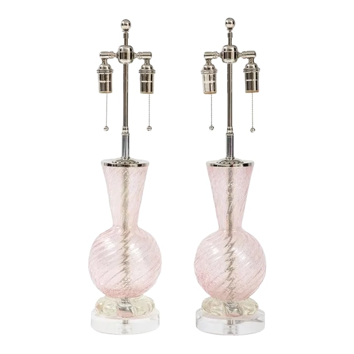Pair of Pink Barovier Murano Glass Lamps: Pair of Pale Pink Murano glass lamps with Silver dust inclusions. The lamps sit on thick lucite bases and have been Newly rewired with adjustable polished Nickel double clusters that take standard