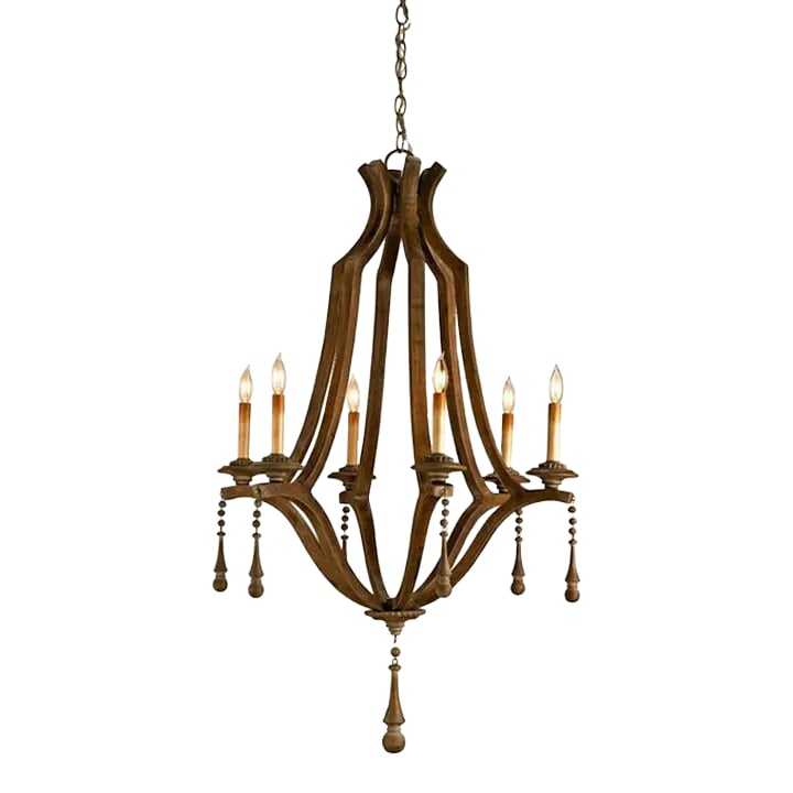 2000s Currey & Company Simplicity Chandelier: This chandelier is a simple handsome shape embellished with just the right amount of decorative trim. The wood is given a "Washed Wood" finish that is totally in keeping with the design and materials