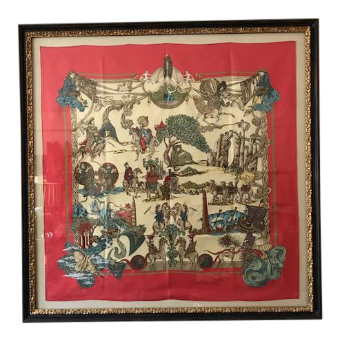 Hermes French Silk Scarf Framed Art: Stunning Hermes Silk Scarf Art Framed, purchased in St. Barts. Beautiful red background, with delightful pictures of horses, camels, cupids and kings on horses, among others. Condition: