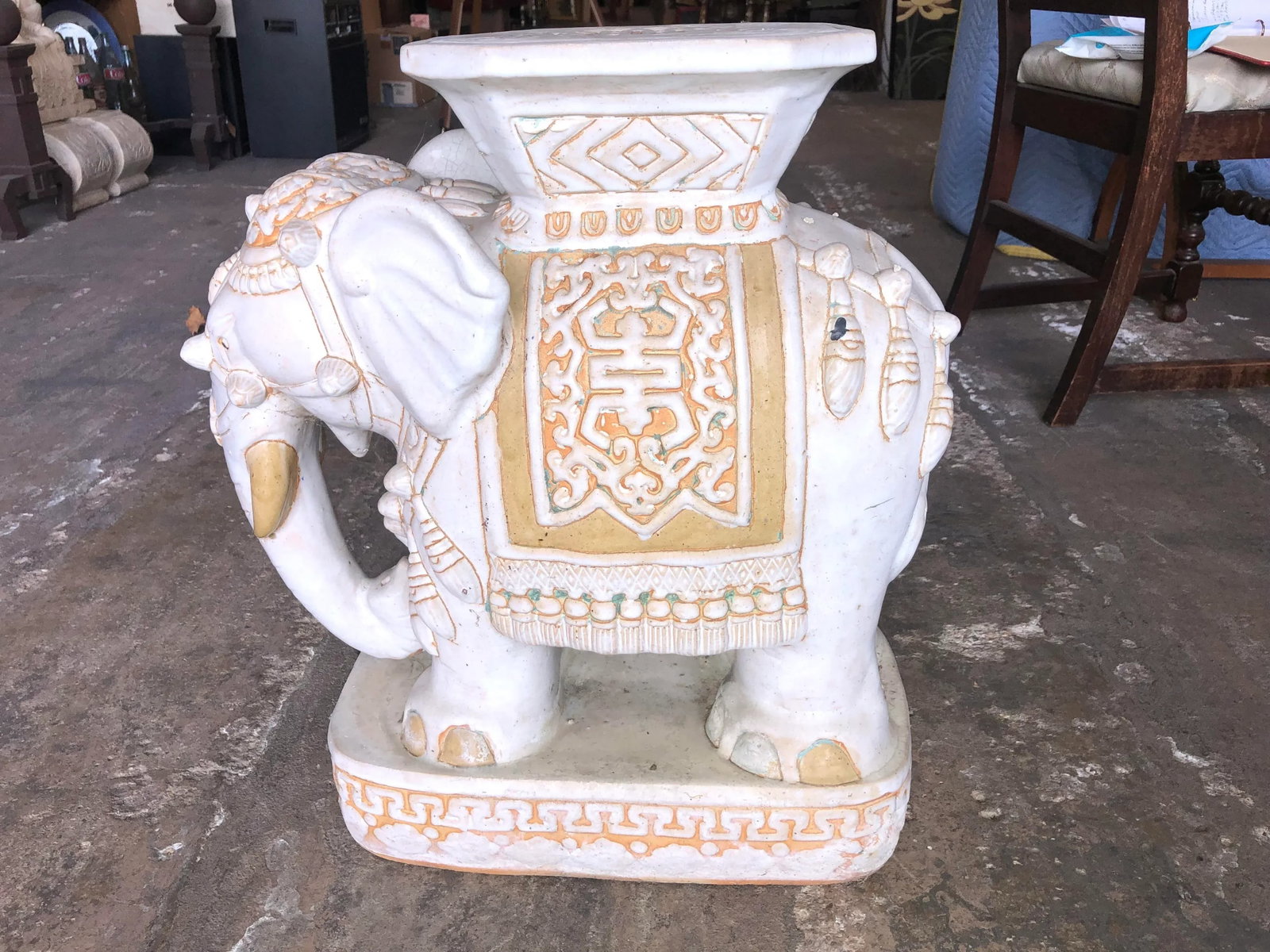 Vintage Heavy Large Glazed Terracotta Elephant Garden Stool - 13
