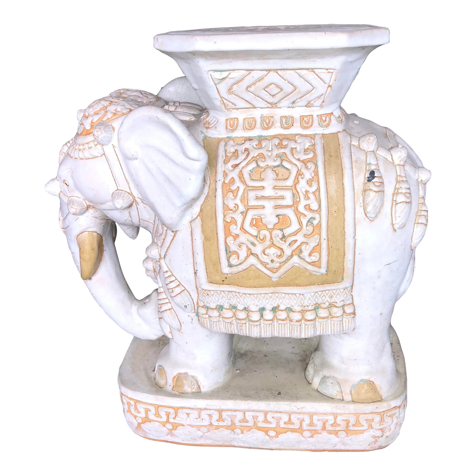 Vintage Heavy Large Glazed Terracotta Elephant Garden Stool: A beautifully aged glazed terracotta elephant garden seat. This mid century unique garden plant stand or seat exudes so much charm it will surely add a great vibe to your garden. Actually, it would