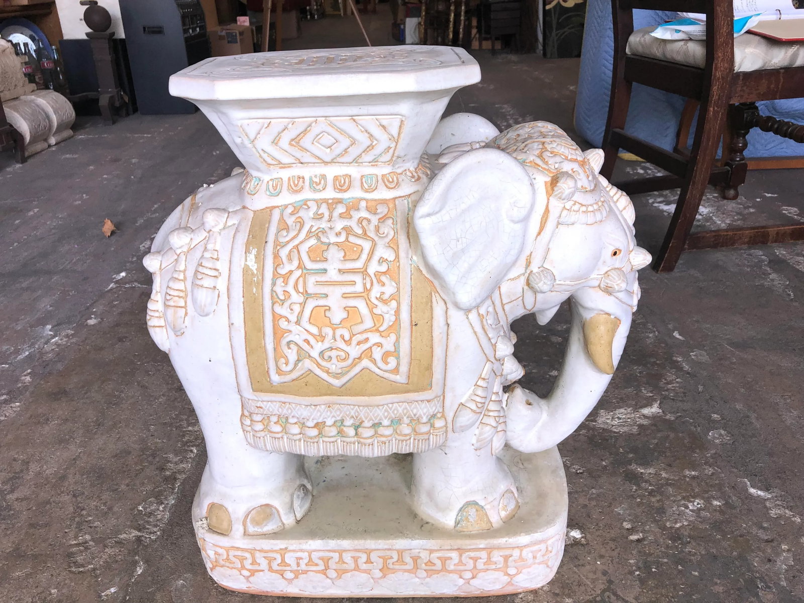 Vintage Heavy Large Glazed Terracotta Elephant Garden Stool - 2